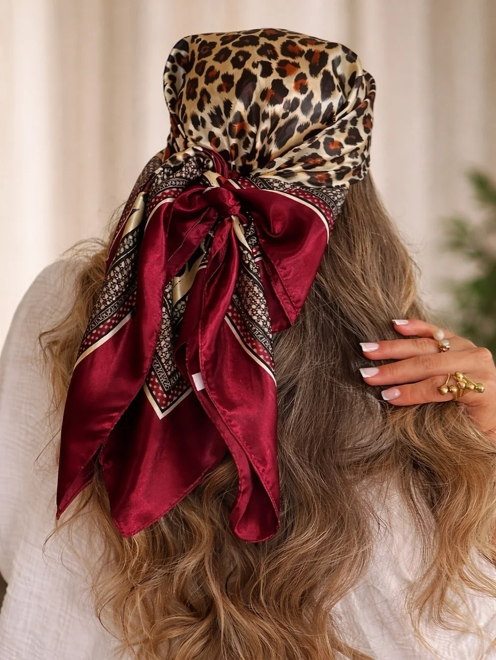 Leopard Satin Head Scarf with Deep Red Border